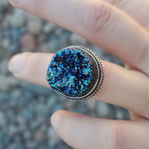 New Blue Titanium Druzy 925 Silver Ring. - Picture 3 of 15